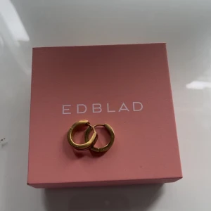 Guldiga örhängen från Edblad - Säljer ett par stilrena, runda örhängen i guldton från Edblad. De är små till medelstora hoops med en slät, blank yta som ger en modern och elegant look. Perfekta för att lyfta vilken outfit som helst. Örhängerna är köpta i December, endast använda fåtal gånger. De har inga tecken på användning. Orginalpriset är 450kr och har 14K guldplätering.