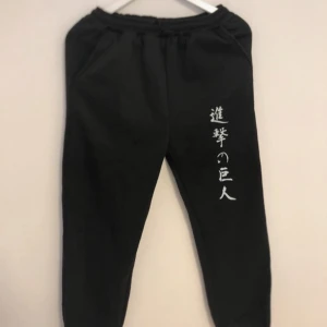 Byxor attack on titan - Mjukis byxor anime motiv attack on titan. Tryck med text ”進撃の巨人” (=shingeki no kyojin= Attack on titan) Använd några gånger, lite nopprig. Lindrigt slitage i grenen, övrigt bra skick.🌸 3XL asiatisk storlek, skulle säga L-XL. Justerbar midja med snöre, elastiskt material kring midja och anklar.🌸