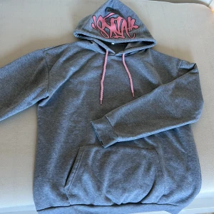 Grå hoodie med rosa detaljer - Säljer en grå hoodie med rosa snören och ett coolt rosa tryck på huvan. Perfekt för en avslappnad stil. Den har en stor ficka framtill och är superbekväm att bära. Passar perfekt för kyliga dagar!