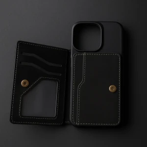 Svart plånboksväska i skinn - Minimalistisk svart plånboksväska i skinn med plats för kort och ID, smart magnetstängning och kontrastsömmar. Perfekt att ha mobilen och allt viktigt samlat på ett ställe. Stilren design med guldiga detaljer och praktisk ficka på baksidan.