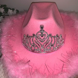 Rosa cowboyhatt med tiara och fjädrar - Supercool rosa cowboyhatt med fluffiga fjädrar runt brättet och en glittrig silvrig tiara framtill. Perfekt till fest eller evenemang. Hatten har en klassisk cowboyform och är täckt av mjukt syntetmaterial.