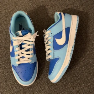 Nike Dunk Low blå och vita sneakers - Säljer ett par Nike Dunk Low sneakers i två nyanser av blått med vita detaljer och vit sula. Skorna har klassisk snörning och perforerad tå för extra ventilation. Perfekta för dig som gillar streetwear och sportig stil.