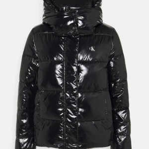 Svart glansig pufferjacka från Calvin Klein - Säljer en svart glansig pufferjacka från Calvin Klein med huva och diskret CK-logga på bröstet. Jackan har dragkedja och knappar framtill samt långa ärmar. Perfekt för kyliga dagar och riktigt snygg till jeans.