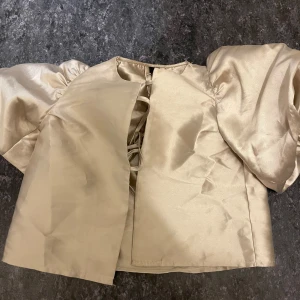 Champagne färgad satinblus med puffärmar och knytning i ryggen - Säljer en beige blus i satinmaterial med stora puffärmar med knytning. Superfin och passar till sommarens alla tillfällen😇 från Gina Tricot 