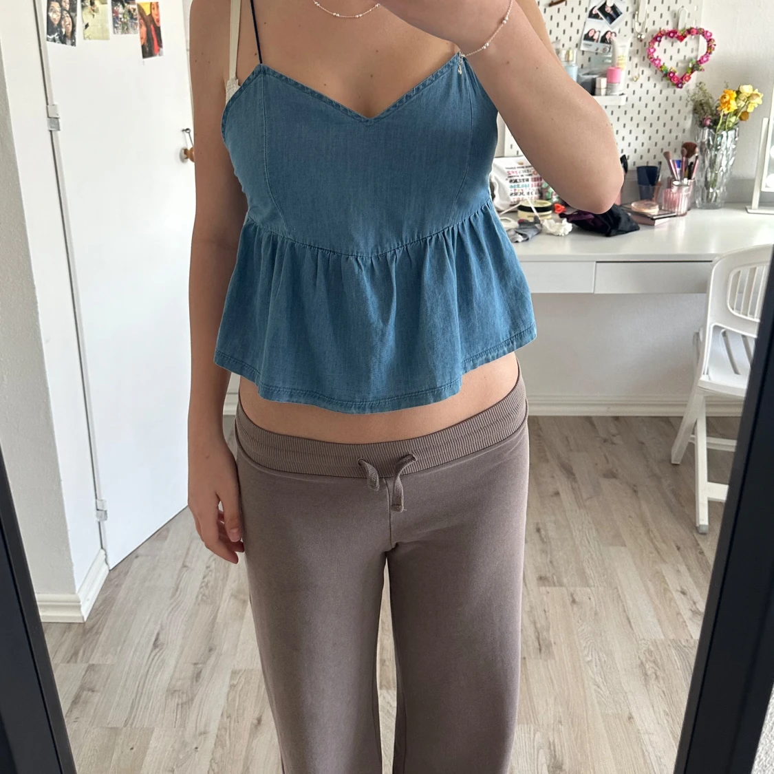 Blå jeans-linnetopp med tunna axelband - 3