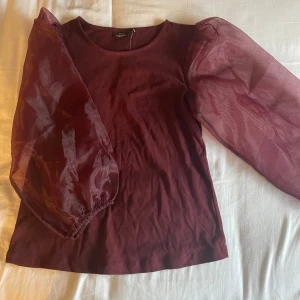 Vinröd topp med puffärmar från KappAhl - Supersnygg vinröd topp från KappAhl med transparenta puffärmar i organza och rund halsringning. Kroppen är i mjuk bomull. ⚠️aldrig använd⚠️