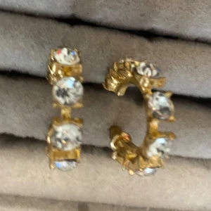 Guldiga örhängen med stora stenar - Säljer ett par chunky guldiga örhängen med stora, klara stenar runt hela ringen. De har en halvcirkelformad design och ger en riktigt glittrig och lyxig känsla. Perfekta för att sticka ut och ge extra bling till din look.