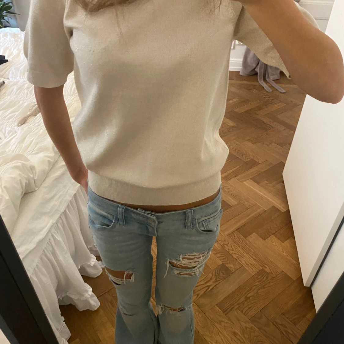 Beige glittrig stickad kortärmad tröja