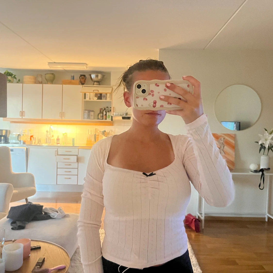 Ljusrosa ribbad långärmad topp