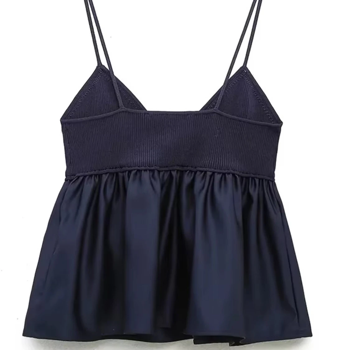 Mörkblå satinlinne med ribbad topp - 1