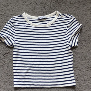 Randig kortärmad topp från Zara - Säljer en stilren randig topp från Zara i blått och vitt. Den har korta ärmar och en klassisk rund halsringning. 