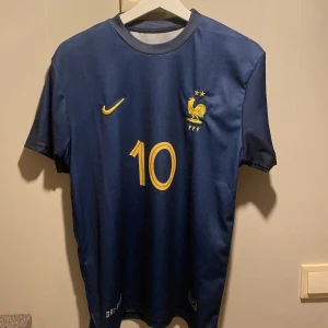 Blå fotbollströja med nummer 10 - Säljer en blå fotbollströja från Nike med korta ärmar. Tröjan har nummer 10 och ett emblem med en tupp och två stjärnor på bröstet. Perfekt för fotbollsfans!