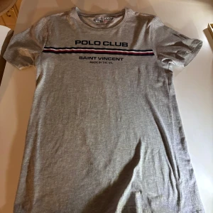 Grå t-shirt från Polo Club - Säljer en grå t-shirt från Polo Club med tryck 'Saint Vincent' och ränder i marinblått och rött. Perfekt för en avslappnad stil. Tillverkad i USA.
