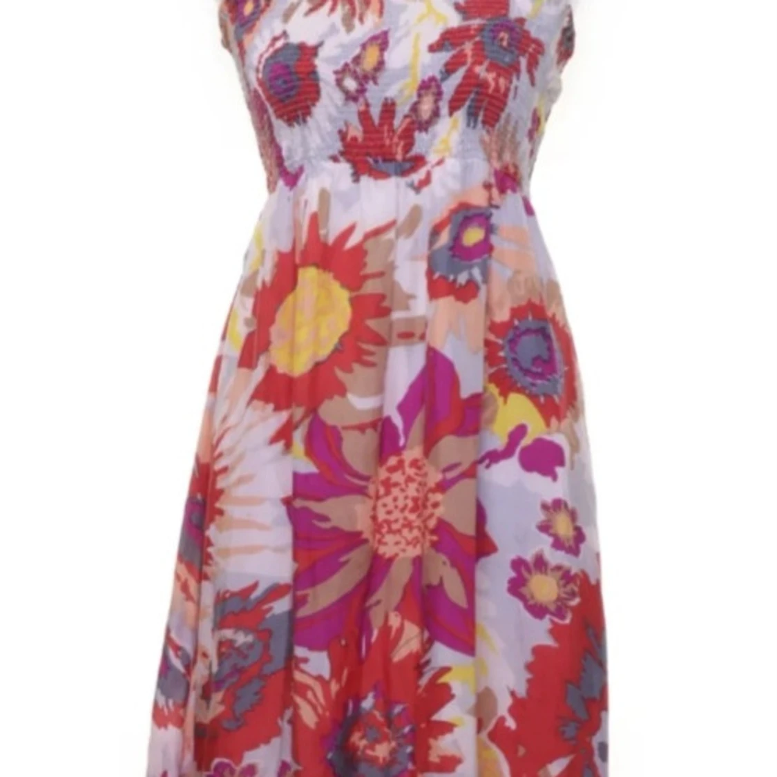 Blommig axelbandslös sidenklänning fr. Twist & Tango