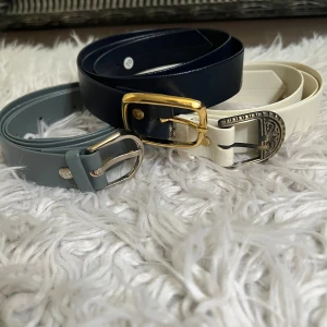 3-pack bälten i skinnimitation - Säljer tre stilrena bälten i skinnimitation: ett ljusblått med silverfärgat spänne, ett marinblått med guldigt spänne och ett vitt med detaljerat silverspänne. Perfekta accessoarer för att lyfta din outfit med olika färger och spännen.
