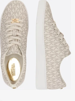 Beige sneakers från Michael Kors - Snygga beige sneakers från Michael Kors med MK-logga i mönstret och guldfärgade detaljer på snörningen. Skorna har rund tå, platt vit sula och är tillverkade i syntetmaterial med textil. Perfekt för dig som gillar stilrena och trendiga sneakers.