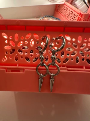 Ingen väst på soprtbilderna - Bilderna visar ett par silvriga örhängen med ringar och spetsiga hängen, men ingen väst syns på bilderna.