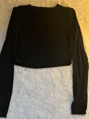 Svart croppad långärmad topp - En enkel och stilren svart croppad topp med långa ärmar. Toppen har en rund halsringning och är tillverkad i ett mjukt, stretchigt material som känns bekvämt mot huden. Perfekt att matcha med höga jeans eller kjol.