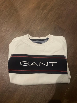 Vit hoodie från GANT - Säljer en stilren vit hoodie från GANT med ett stort mörkblått parti och röd detalj över bröstet där GANT-loggan är tryckt i vitt. Tröjan har rund halsringning och långa ärmar. Perfekt för dig som gillar klassisk och sportig stil. Mer frågor kom privat😃
