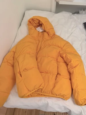 Gul pufferjacka med huva - Snygg gul pufferjacka med huva och quiltad design. Jackan har dragkedja framtill och elastisk nederkant för en skön passform. Perfekt för kalla dagar och ger en trendig look.