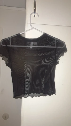 Svart mesh croppad topp  - Säljer en svart, croppad mesh-topp från H&M Divided. Toppen är genomskinlig, har korta ärmar och vågig kant nertill och vid ärmslut. Perfekt att styla över ett linne eller bralette för en edgy look.