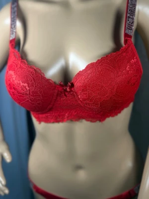 Röd spets-bh med strassband - Snygg röd bh i spets med vadderade kupor och dekorativ rosett framtill. Axelbanden är prydda med glittrande strassdetaljer som ger extra bling. Bh:n har bygel för bra stöd och en feminin, romantisk look. Perfekt för dig som vill ha något extra.