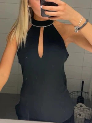 Svart ärmlös polotopp med öppen rygg - Säljer en svart polotopp med hög hals och snygg öppning framtill. Toppen är ärmlös och har en cool öppen rygg med ett långt vertikalt snitt som ger en unik look. Perfekt för dig som gillar stilrena och trendiga plagg.