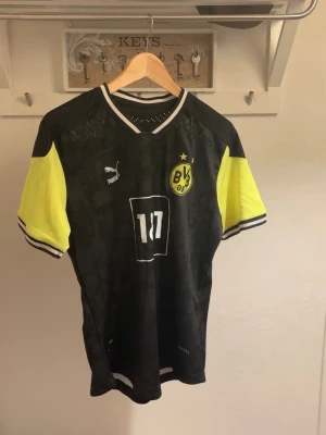 BVB Puma svart/gul matchtröja - Borussia Dortmunds officiella matchtröja från Puma i svart med gula detaljer på ärmarna och klubbmärke på bröstet. Tröjan har korta ärmar, rund hals och ventilerande meshpartier upptill. Materialet är lätt polyester och trycket är i vitt och gult.