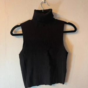 Svart ribbad polotopp ärmlös - Säljer en svart ärmlös polotopp med ribbad struktur. Toppen har hög krage och är croppad i modellen, vilket ger en snygg och modern siluett. Perfekt att styla med jeans eller kjol för en cool look. Från H&M Dividerad i strl S.