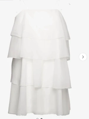 Vit volangklänning med tunna axelband - Säljer en vit kortklänning med flera lager volanger och tunna axelband. Köpt från Gina 2024 men inte kommit till användning. Helt oanvänd med prislapp och orginalförpackning kvar. Storlek 36 men passar även större. Egna bilder kan ordnas🥰