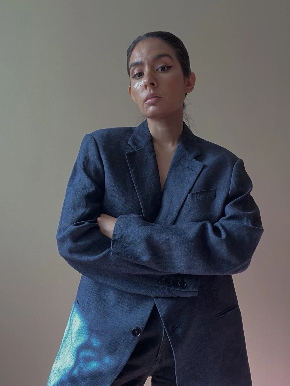 Vintage Armani Linen Blazer Blue - 1