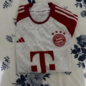 Bayern München vit/röd Adidas fotbollströja - Snygg FC Bayern München fotbollströja från Adidas i vitt med röda detaljer och logga. Tröjan har korta ärmar, rund hals och det klassiska Telekom-trycket på bröstet. Materialet är lätt och andas, perfekt för match eller träning.