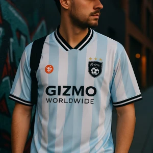 Randig fotbollströja Gizmo Worldwide - Snygg fotbollströja från Gizmo med ljusblå och vita ränder, svart tryck och klubbmärke på bröstet. Klassisk krage med svarta ränder och nummer 23 på ryggen. Tillverkad i lätt och ventilerande meshmaterial, perfekt för match eller träning.