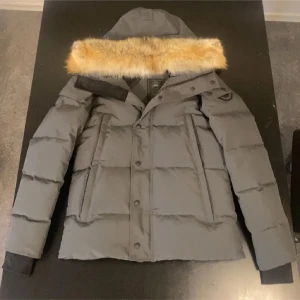 Grå dunjacka med päls från Canada Goose - Säljer en grå dunjacka från Canada Goose med huva och snygg pälsdetalj i beige och brunt. Jackan har lång ärm, ribbade muddar, flera fickor och knappar framtill. Perfekt för kalla dagar med sin tjocka, quiltade design och klassiska logga på ärmen.