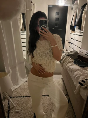 Beige  blus med fransar - Säljer en beige  blus med korta ärmar och fransiga detaljer över hela toppen. Materialet är lätt och luftigt, perfekt för dig som gillar en unik och trendig look. Toppen har rund hals och loose passform som ger en avslappnad vibe.