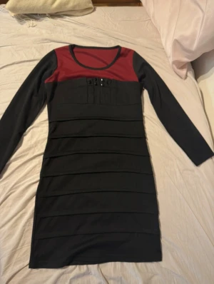Svart och vinröd långärmad klänning - Snygg svart och vinröd klänning med lång ärm och rund halsringning. Klänningen slutar precis ovanför knäna. Har knappt använts💕