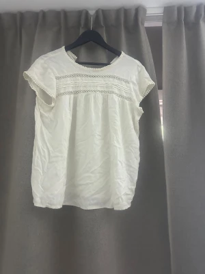 Vit blus med spetsdetaljer - Söt vit blus med korta ärmar och spetsdetaljer längs bröstet och ärmsluten. Blusen har rund halsringning framtill och v-ringning baktill, samt en luftig och lös passform. Perfekt för en fräsch och somrig look.