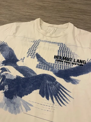 Intressekoll - Vit Helmut Lang t-shirt med blått tryck - Snygg vit t-shirt från Helmut Lang med stort blått tryck av örnar och grafiska rutor på framsidan. Baksidan har svart logotyptext. Rund hals, korta ärmar och tillverkad i mjuk bomull. Perfekt statement-plagg för dig som gillar coola prints. Något missfärgad under ärmarna. Hör av er vid prisförslag eller frågor!