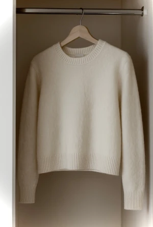 Vit stickad tröja med rund hals - Säljer en stilren vit stickad tröja med rund hals och ribbade muddar vid ärmslut och nederkant. 