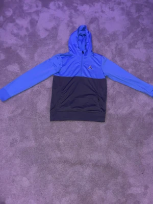 Blå och grå Jordan hoodie med huva - Snygg hoodie från Jordan i blått och grått med klassisk Jumpman-logga på bröstet. Tröjan har huva, lång ärm och half zip framtill. Materialet är mjukt och känns sportigt, perfekt för chill eller träning. Färgerna är riktigt fräscha och designen är stilren.