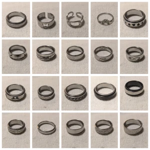 Stort ringpaket - 80 ringar herr / dam - 20 unika ringtyper – bred variation av stilar och former  Totalt 80 ringar (inkl. duplikat)  Ringar för både herr och dam  Olika storlekar ingår för att passa olika fingrar och behov  Material: rostfritt stål, titan, legeringar m.m.  Passar både personligt bruk och återförsäljning