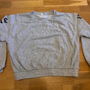 Grå sweatshirt Stay True Lindex - Grå sweatshirt från Lindex med trycket 'Stay True' och rosor i svart på båda ärmarna. Tröjan har rund hals, resår i midja och ärmslut samt en loose passform.