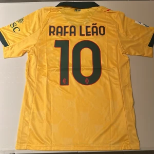 AC Milan Rafa Leão gul matchtröja Puma - Snygg gul AC Milan fotbollströja från Puma med Rafa Leão och nummer 10 på ryggen. Tröjan har gröna detaljer, klassisk krage och tryckta sponsorer. Tillverkad i lätt och ventilerande material, perfekt för match eller träning.