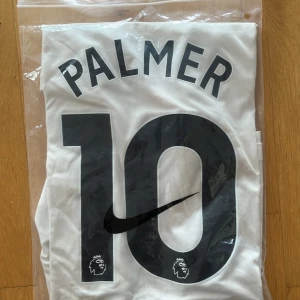 Chelsea Palmer #10 vit fotbollströja Nike - Chelsea FC fotbollströja med Palmer och nummer 10 på ryggen. Vit med tunna vertikala ränder i svart och rött på framsidan, Chelsea-märke på bröstet och Nike-logga. Kortärmad, rund hals och detaljer i svart och rött på ärmsluten. Tillverkad i lätt, ventilerande polyester.