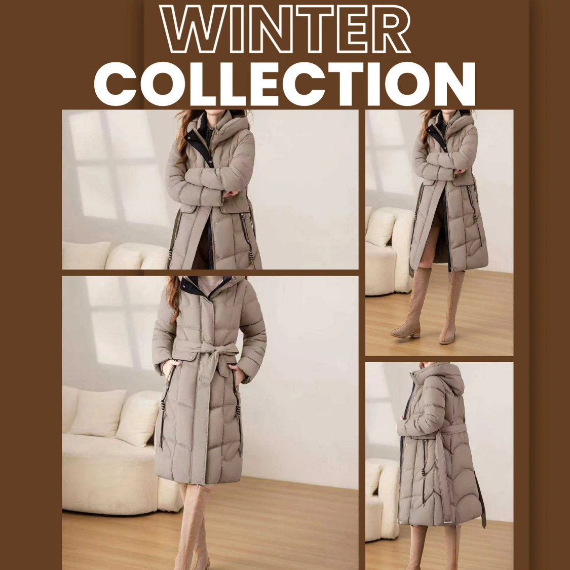 Beige lång pufferjacka med huva