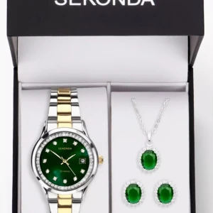  KLOCKA,ÖRHÄNGE,HALSBAND  - Nytt ”Sekonda Gift Set”   Innehållande klocka 27mm örhängen och halsband. Quartz urverk,Vattentät 50m, Rostfritt stål, Mineralglas, Datumvisning, Luminiscens på visarna förbättrar synligheten i dåligt ljus. Smyckena är av fin kvalitet, hela setet är mycket elegant och stilrent. Säljer nu till ett mycket bra pris, köpt för 2299kr i juni-25. ”Bästa presenten eller Julklappen” ;-)