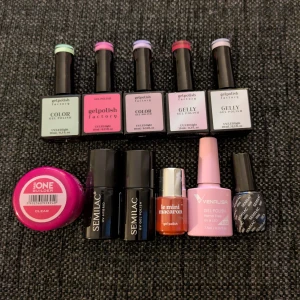 Gel polish, gellack, builder gel, kräver uv-ledlampa - Semilac, Gel Polish Factory, Venalisa och Le mini macaron, Silcare builder gel clear. Jättefina färger. Builder gel är oanvänd, men öppnad (se bild). Resten är nya och oanvända. 
