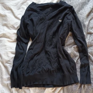 Svart v-ringad tröja från Ellos - Svart långärmad tröja från Ellos med v-ringning och ribbade muddar vid ärmslut och nederkant. Liten broderad detalj på bröstet. Perfekt för lager-på-lager och enkel att matcha med jeans eller kjol.