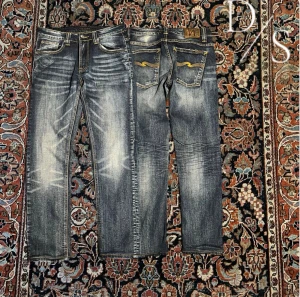 Vintage nudie jeans - Riktigt feta nudie jeans med en tvätt som e riktigt go. Bra skick inga problem. Midja:40cm längd:98cm Benöppning:17cm