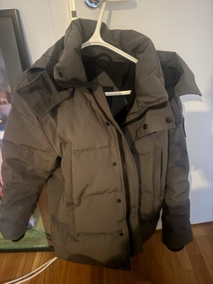 Grå pufferjacka från Canada Goose - Säljer en grå pufferjacka från Canada Goose, modell Fusion i storlek M. Jackan har hög krage, flera fickor, svart broderad logga på ärmen och dragkedja med knappar framtill. Perfekt för kalla dagar med sin tjocka och dunfyllda design. Obs glömde ta en bild på pälsen och påsen.